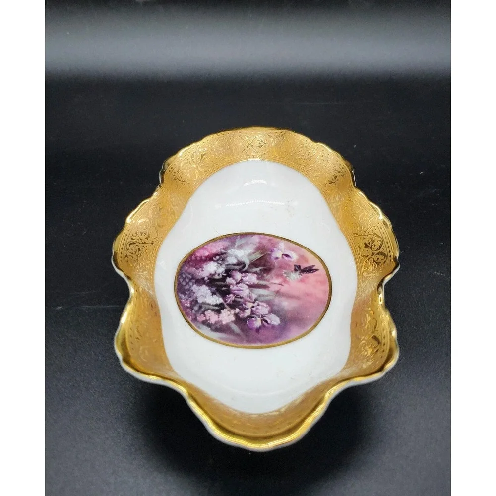 Limoges France Versailles Porcelain Trinket Dish Wavy Gold Gilt Purple Flower 7